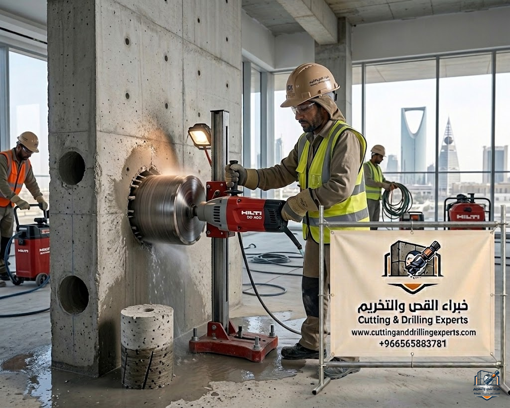 تخريم خرسانة حي المنار جدة بأسلوب هندسي متقدم باستخدام الكور الماسي مع تحليل إنشائي قبل التنفيذ لضمان دقة عالية بدون تكسير